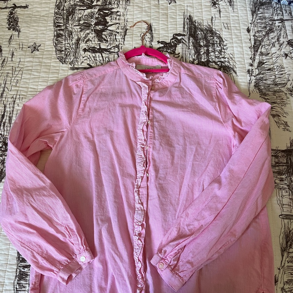 LOFT Striped Pink Ruffle Collar Blouse